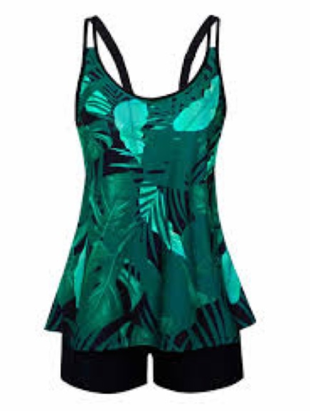 Women's Green Tropical Print Swim Tankini with Black Shorts